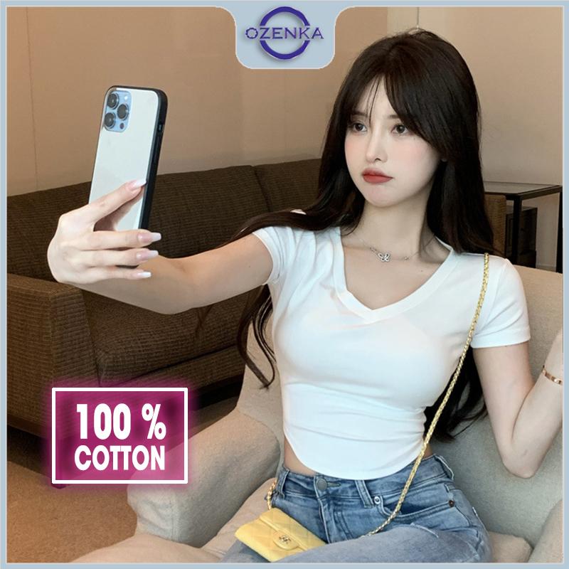 Áo croptop vạt bầu cổ tim tay ngắn ôm nữ ozenka , áo crt basic chất cotton màu đen trắng mặc đi học đi chơi dưới 55 cân Shirt Thun Sơ Mi Kem Women