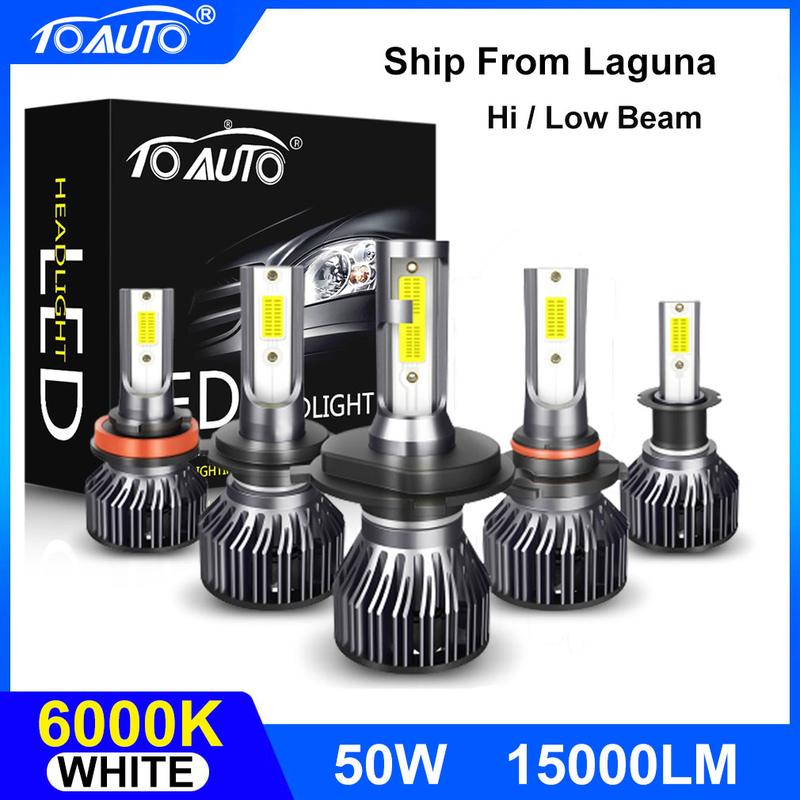 TOAUTO 2PCS Car LED Headlight 50W 15000LM 6500K H1/H4/H7/H11/9005/9006 ...