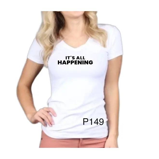 KAOS VNECK /IT''S ALL HAPPENING /ATASAN WANITA Slim-fitting Soft Stretch Baju Cewek Pendek Tshirt Santai 5