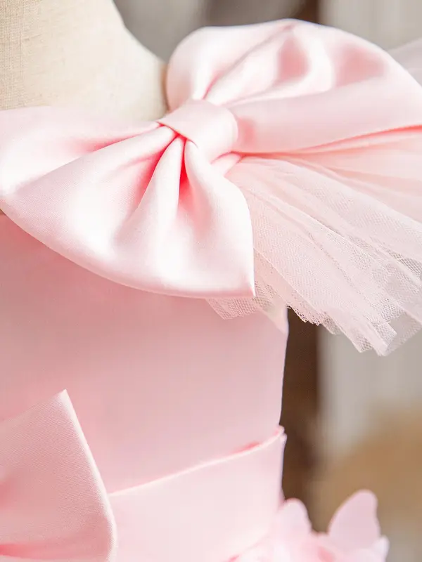 Girl's Butterfly Appliques Bow Front Tulle Dress, Cute Romantic Zipper Back Tie Back Sleeveless Fit & Flare Dress for Party Show Perform, Kids Clothes for Fall & Winter 2