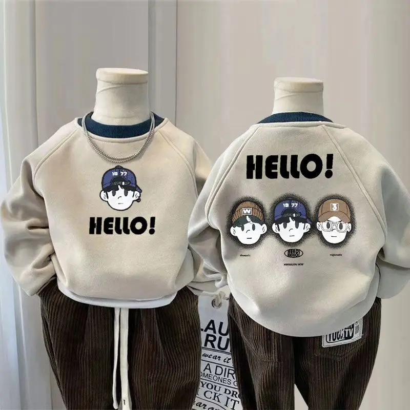 Áo Hoodie Bé Trai, Cổ Tròn, Lót Lông Cừu, Thích Hợp Cho Mùa Thu Và Mùa Đông, Phong Cách Cơ Bản, Thời Trang, Áo Hoạt Hình, Cho Bé Trai Trẻ Em, 2024