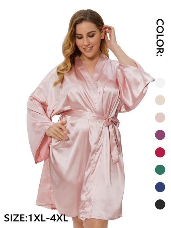 Plus Size Solid Belted Wrap Drop Shoulder Satin Robe, Casual Long Sleeve V Neck Dressing Gown for Daily Home Wear, Women's Sleepwear for All Seasons 2