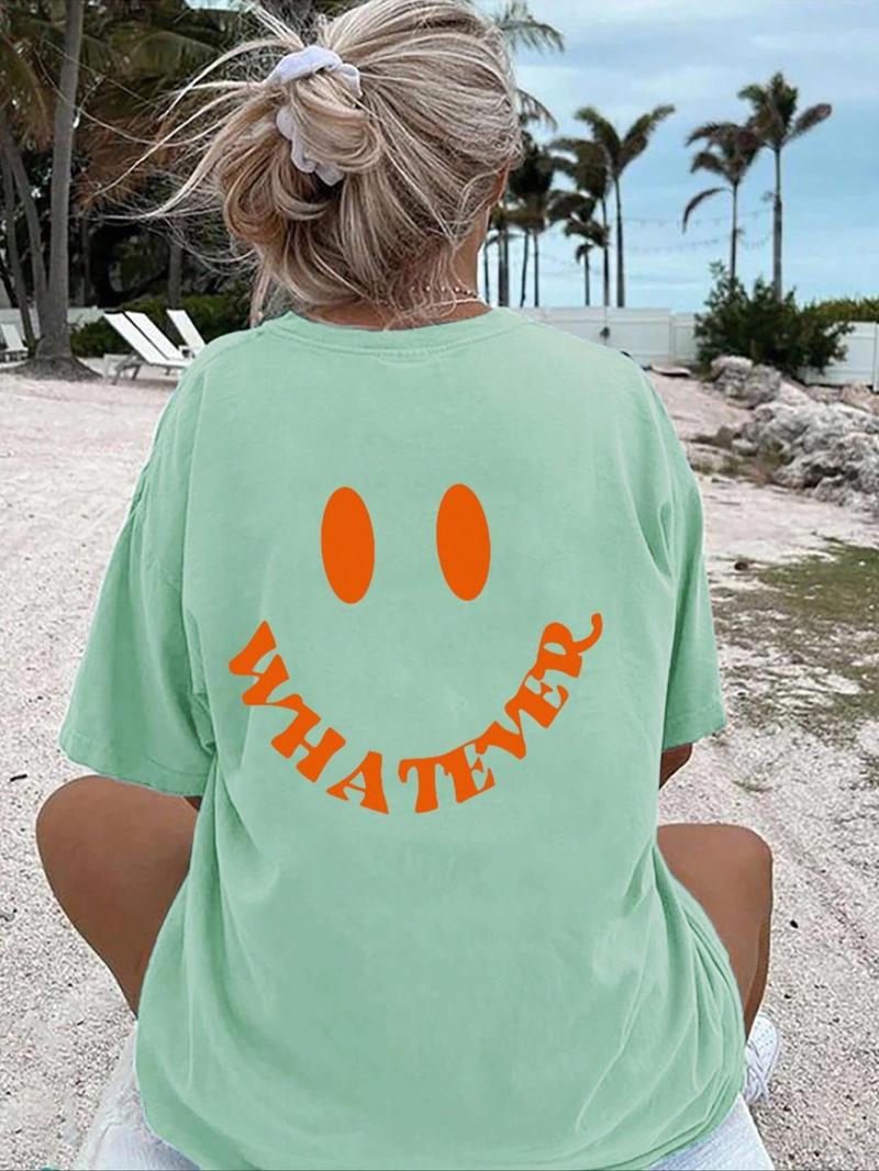 Product Introduction of Women's Cartoon Face & Letter Print Round Neck Graphic Tee, Vintage Trendy Casual Drop Shoulder Short Sleeve T-shirt For Daily Wear, Ladies Summer Outfit 8