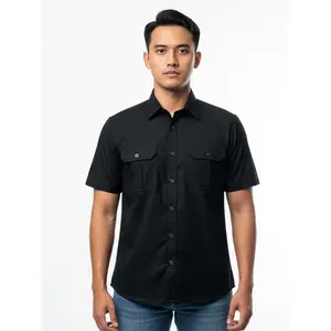 TOPTEN Kemeja Pria Polos Workshirt Lengan Pendek Saku Dua Warna Hitam