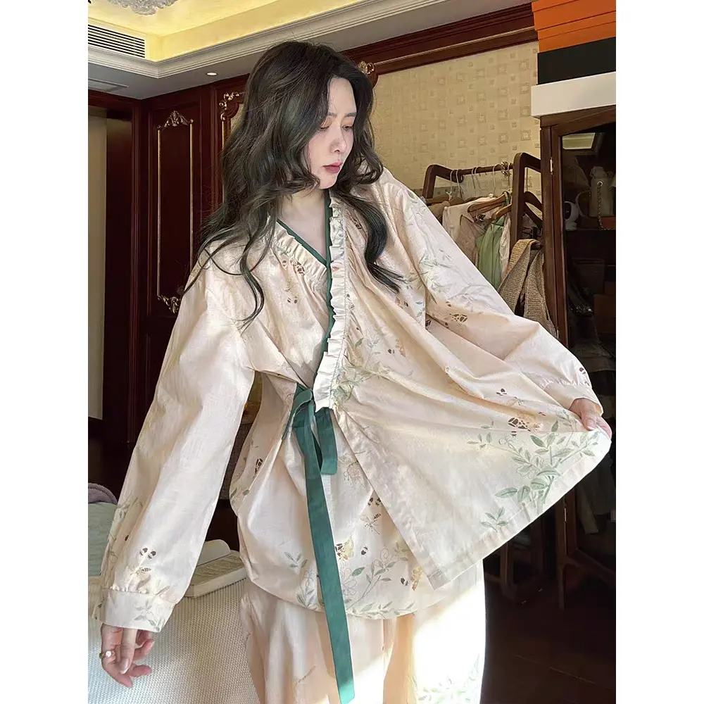 Bộ Đồ Ngủ Cho Nữ, Phong Cách Cổ Điển Pháp, Ngọt Ngào Và Instagram Người Nổi Tiếng Trên Internet, Bộ Đồ Mặc Nhà Mùa Xuân Và Mùa Thu, Thiết Kế Hoa Tươi Mới, Áo Bèo Nhún Thích Hợp Cho Phụ Nữ