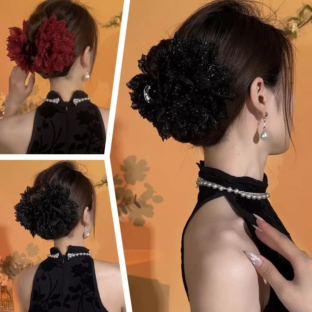 Black Mesh Floral Hair Clip High-end New Model Shark Ponytail Clip At The Back Of The Head Hair Accessory Temperament Floral Hair Clip