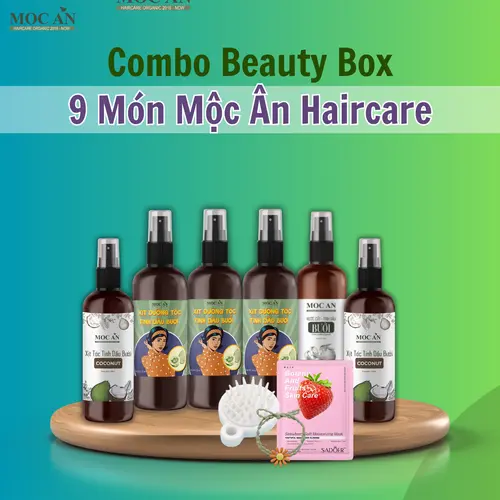 CB35. Combo Beauty Box 9 Món Chăm Sóc Tóc: 3 Chai Xịt Bưởi Tinh Dầu Vỏ Bưởi Da Xanh 120ml & 2 Chai Xịt Bưởi Tinh Dầu Dừa Non 120ml & 1 Mặt Nạ Dưỡng Da & 1 Dây Buộc Tóc & 1 Lược Gội Đầu Silicon & 1 Chai Nước Chưng Cất Vỏ Bưởi 120ml