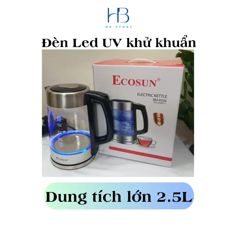Ấm siêu tốc thuỷ tinh Ecosun Ke66 có đèn led Chính hãng bảo hành dài hạn an toàn cho sức khoẻ 0