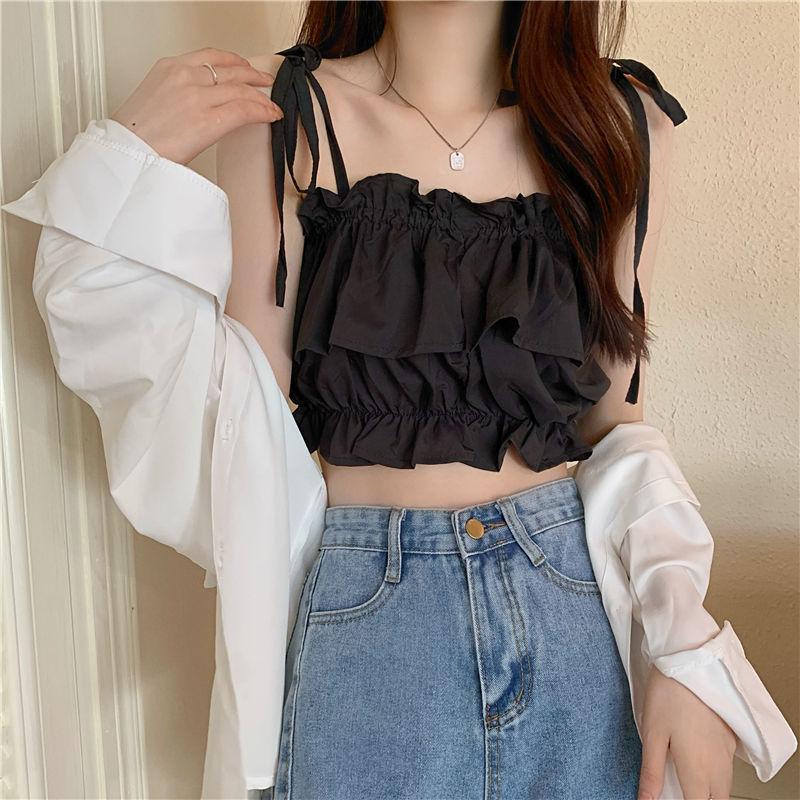 Product Introduction of Women's 2023 New Summer Tank Top with Ruffle Edge Strap Top High Waist Sleeveless Bra and Open Umbilical Top Womenswear Tube Lingerie Comfort Basic Minimalist Spaghetti Strap 10