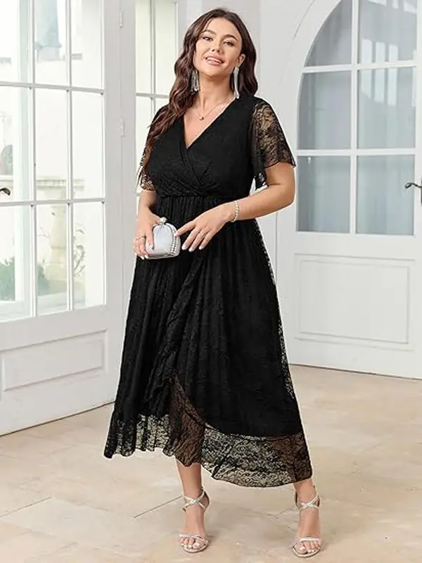 【Plus Size】 Solid Color Lace Trim Hem Tulle Dress, Elegant Long Sleeve Round Neck Dress for Party Wedding Guest, Women's Clothes for Spring & Fall 3