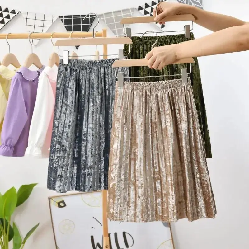 Kids Girls Pleated Champagne Skirts Korean Style Children Princess Red Pink Velvet Skirts 2024 Casual Spring Autumn Shiny Skirts