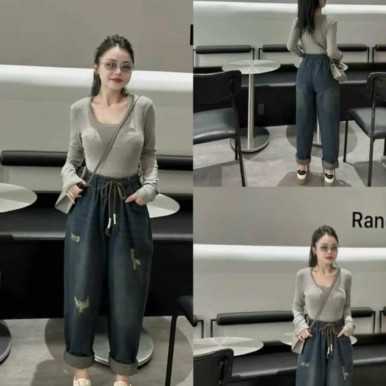 [có big size] Quần jean nữ fom thụng cạp cao  dáng baggy 9tấc nữ Women pant-dây rút quần rách đùi