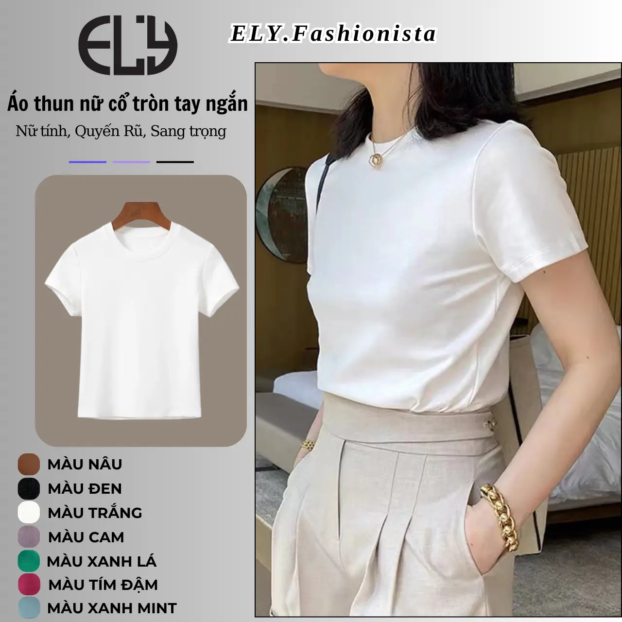 Áo thun nữ cổ tròn tay ngắn baby tee form vừa dáng ôm chất cotton 4 chiều cao cấp, áo phông nữ cổ tròn tay ngắn ELY207 - Top Women Nhung