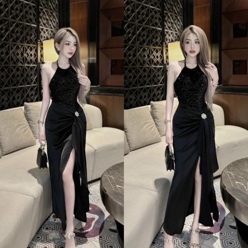  Đầm yếm kim sa phối lụa xẻ tà KÈM TAG ĐÁ kho sỉ hải chuyền Đ456 