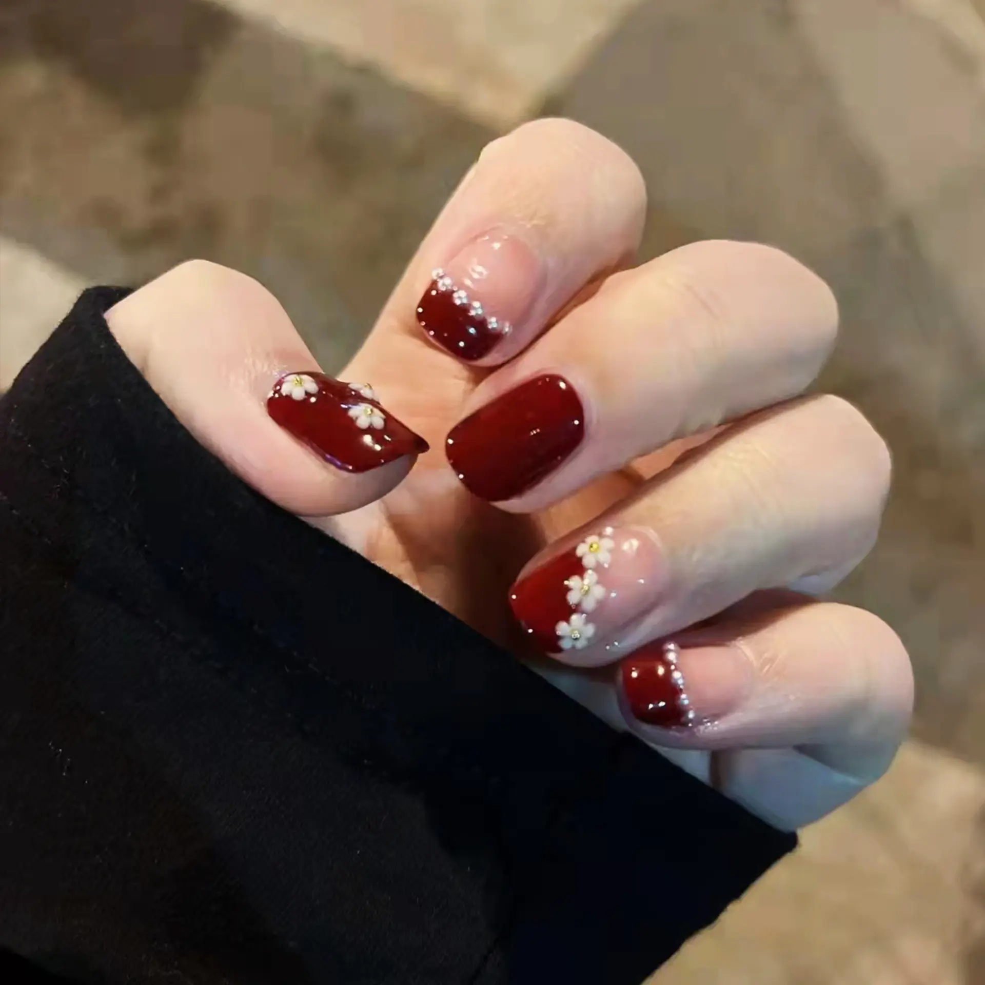 COD Kuku Palsu nail art aesthetic dan lem wisuda 24pcs/set 3D Maroon Flower tangan tempel Polish