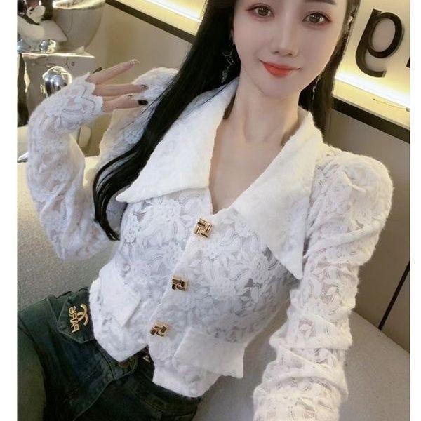 Áo Sơ Mi Thời Trang Sang Trọng, Thời Trang, Dành Cho Nữ, Hàng Mới Về Mùa Thu 2024, Áo Ren khoét Tay Phồng Bó Eo, Áo Sơ Mi Ngắn Women Top Shirt 3
