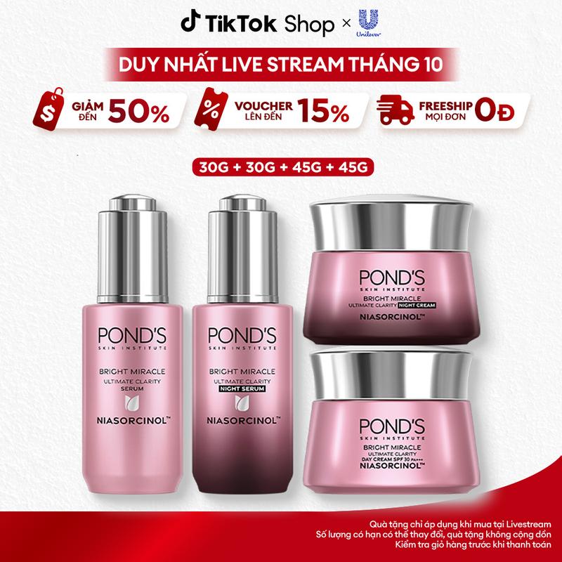 [FS] Bộ Skincare 2 Serum và 2 Kem Dưỡng Da Ngày & Đêm Pond's Bright Miracle Hỗ Trợ Mờ Thâm Sạm với 50X Niasorcinol 30G+30G+45G+45G Nữ [3]