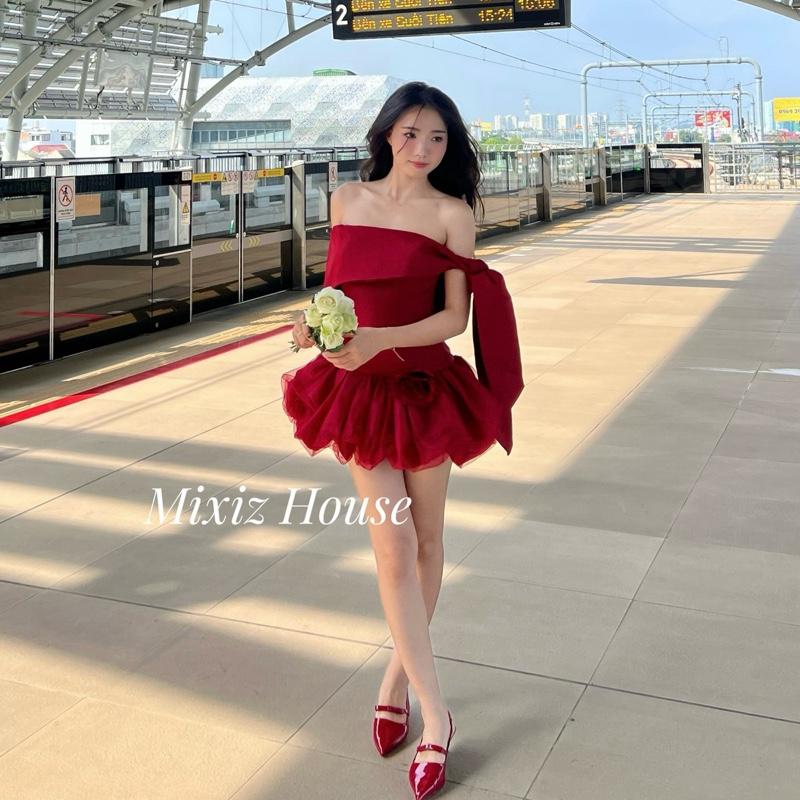 [TẶNG CHARM HOA làm thủ công] Đầm trễ vai, váy trễ vai thắt nơ vai dáng bí kèm hoa rời, váy xinh, đầm big size dự tiệc sang chảnh Women Nữ Dress Mixiz House - Đầm bí