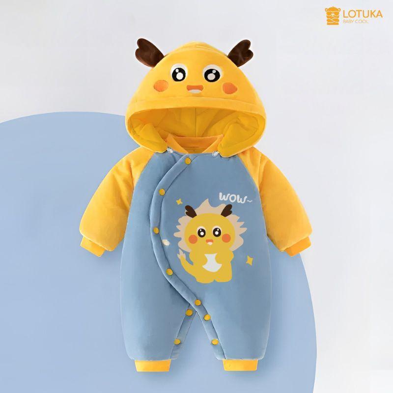 Body Nỉ Bông Liền Mũ In Hình Rồng Vàng LOTUKA Cho Bé, Bodysuit Chất Liệu Ấm Áp, Quần Áo Trẻ Em Size 0-12m