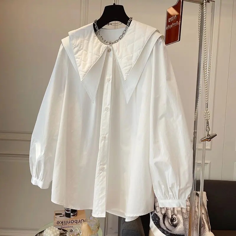 Áo Sơ Mi Cổ Nhọn, Hàng Châu Âu, Chất Liệu Cotton, Dáng Rộng, Thiết Kế Cổ Áo Hai Lớp, Phong Cách Thường Ngày Màu Trắng Tinh Khiết, Áo Dài Tay Cho Nữ, Áo Top Women Shirt Cổ Tròn