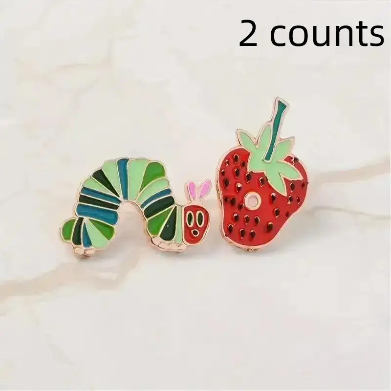 Caterpillar & Strawberry Design Metal Brooch (2 Counts), Cute Cartoon Badge for Clothes Backpack Hat, Enamel Pin Suitable for Backpacks, Jeans, Scarves, Hats Decoration Fixed Buckle, for Summer Clothes,  Teenage Girl Gifts 0