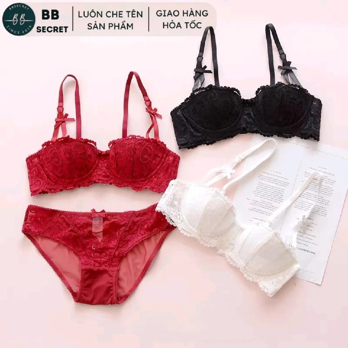 [PHOM NHỎ] Bộ đồ lót REN Nữ đệm mỏng có gọng - BB Secret [ÁO CÓ SIZE 34/36/38 - QUẦN CHIP FREESIZE 48-55kg] bodo lot Off-white Thường Viền Ren Đen áo ngực set ao nguc nu