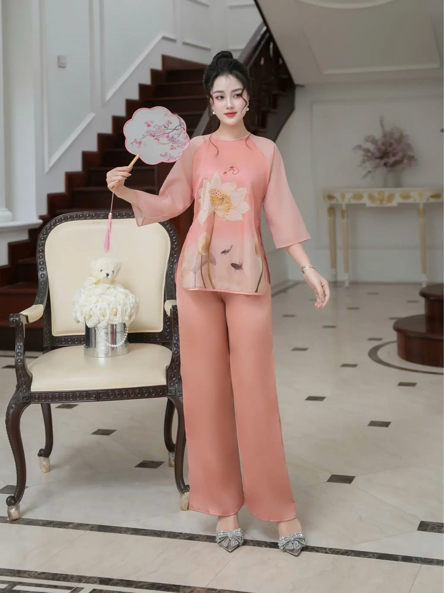 Set lam 2 lớp áo lụa tơ in 5D lót trong và quần lụa latin