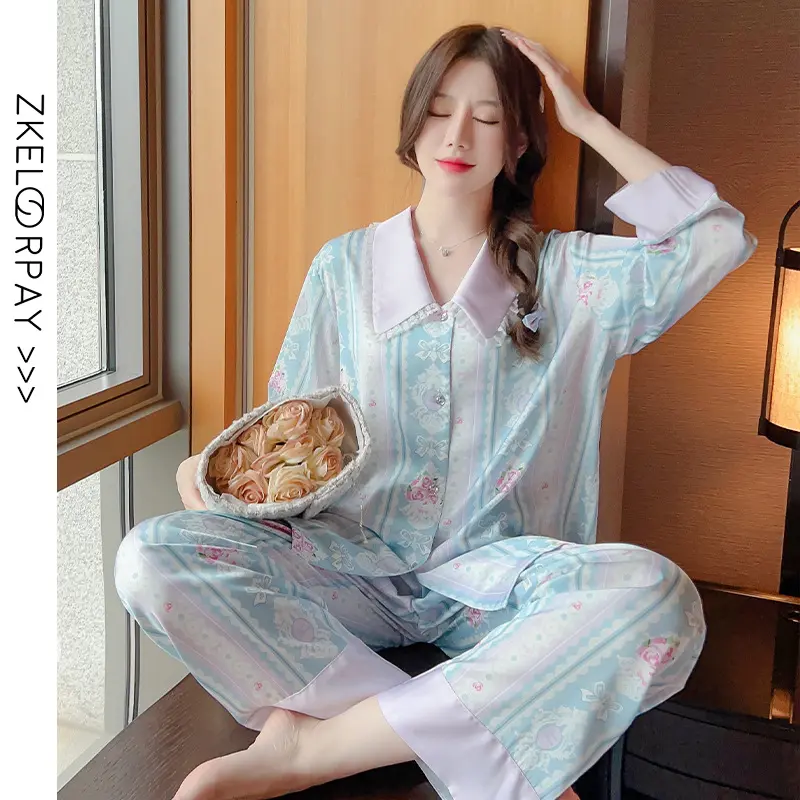Set bộ pyjama mặc nhà nữ, áo tay dài quần dài phối họa tiết dễ thương, vải lụa mềm mại, thoáng mát SC062 - Thời Trang Dương