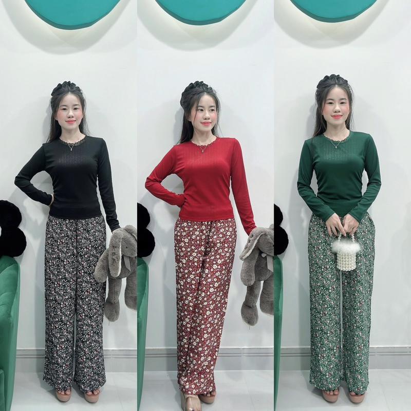 Sét bộ thu đông hoa nhí xinh xắn dễ thương phù hợp thu đông Women Nữ Thun Nhung Áo Voi Top Đen