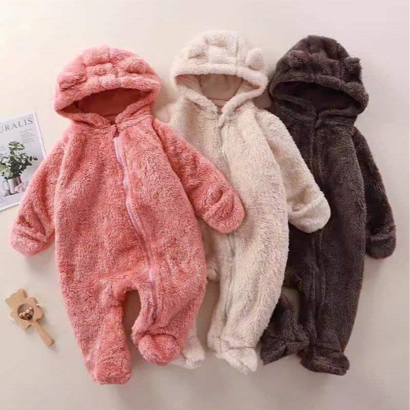 Áo liền quần bao tay liền tất kéo khóa Bodysuit nỉ nhung body gấu lông ấm dài tay Hàng Quảng Châu cho bé trai bé gái