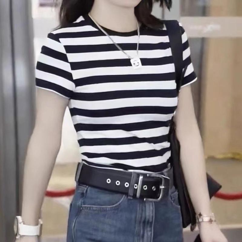 Áo Thun Sọc, Trắng Đen, ngắn Tay, Cổ Tròn, Phong Cách Hàn Quốc, Hàng Mới Về, Thường Ngày, Dáng Ôm, Thích Hợp Cho Mùa Hè, Áo Ôm Sát, Dễ Phối Đồ, Thời Trang, Dành Cho Nữ 3
