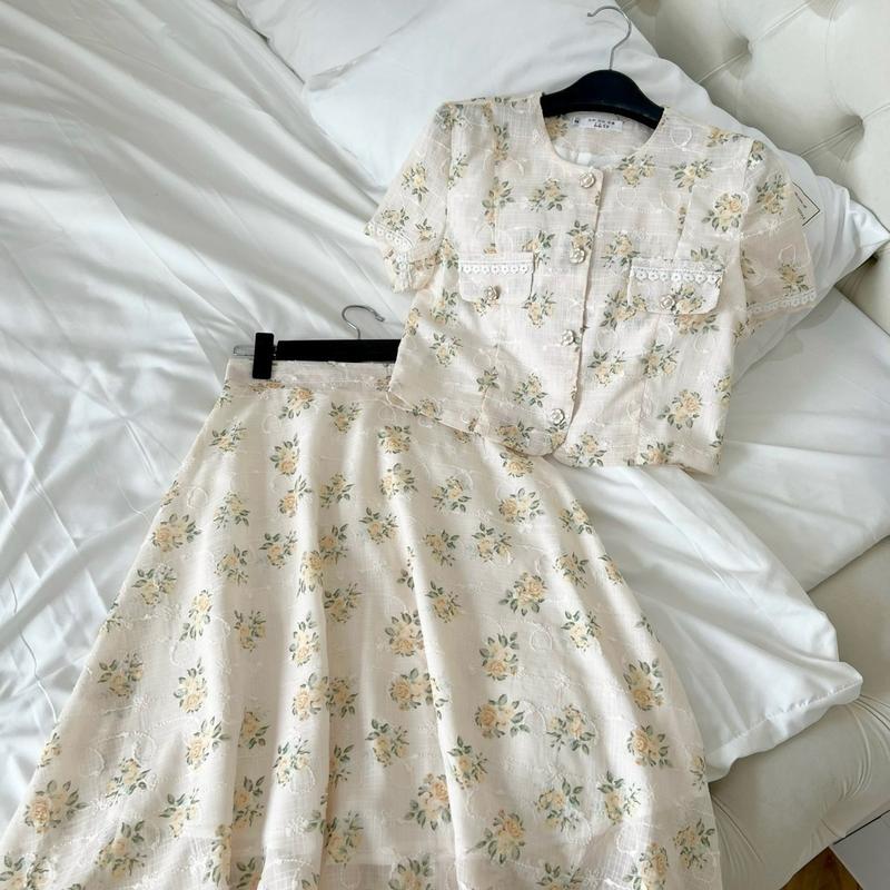 Lita set bộ váy kèm áo hoa vàng cổ tròn tay ngắn mặc đi làm đi tiệc thanh lịch sang trọng V092 Nữ Women Voan Kem Dress 4