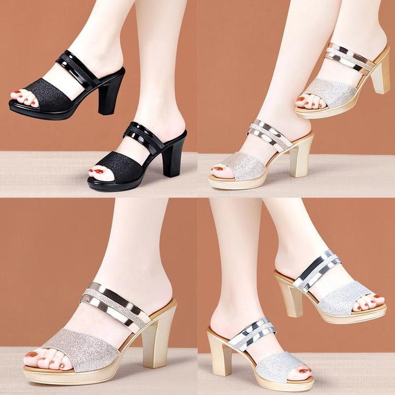  Dép cao gót nữ hở mũi phối quai ngang kim sa kiểu dáng Hàn Quốc cao 7cm có 3 màu - CG641  {{store}} 