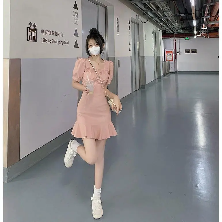 Váy Màu Hồng, Phong Cách Cô Gái Nóng Bỏng Ngọt Ngào, Nữ, Tay Phồng, Nhỏ Và Thanh Lịch, Váy Ngắn, Thích Hợp Cho Mùa Hè 2024, Chủ Đề Tình Yêu Đầu Tiên Kiểu Pháp Women Dress Khuy