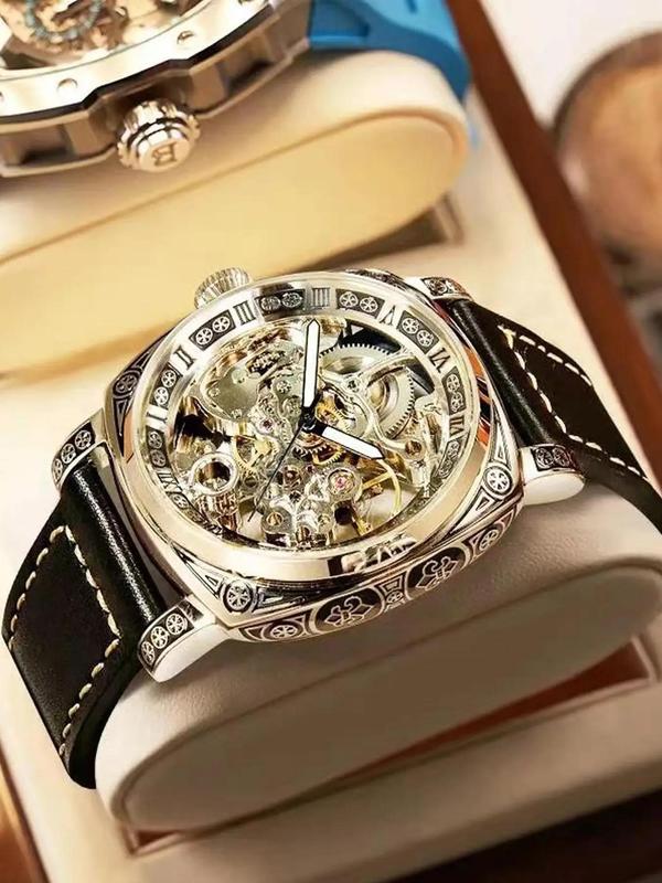 Đồng Hồ Cơ Nam, Phong Cách Doanh Nhân Sang Trọng, Mặt Tròn, Dây Da, Đồng Hồ Đeo Tay Tự Động, Thiết Kế Con Trỏ Lò Xo Dạ Quang, Thích Hợp Làm Quà Tặng Cho Bé Trai, Có Hộp, Thích Hợp Cho Trang Phục Mùa Thu, Tươi Mới Mùa Thu