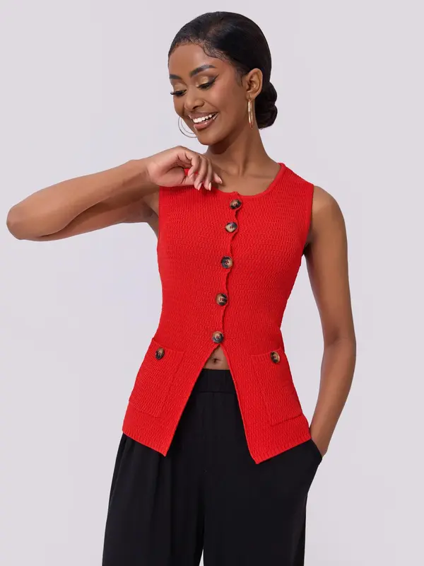 Women's Plain Button Pocket Vest Jacket, Casual Sleeveless Round Neck Knit Top for Summer, Ladies Clothes for Daily Wear 2