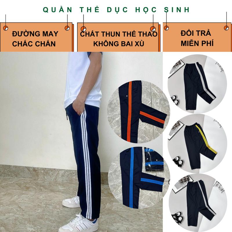 Quần Thể Dục, Thể Thao Học Sinh Tiểu Học, Trung Học, Sinh Viên Nam Nữ 2 Viền, 3 Viền Trắng, Vàng, Cam, Xanh Dương Chất Thun Chéo Màu Tím Than Chuẩn Nhà Trường Sport Trang Phục