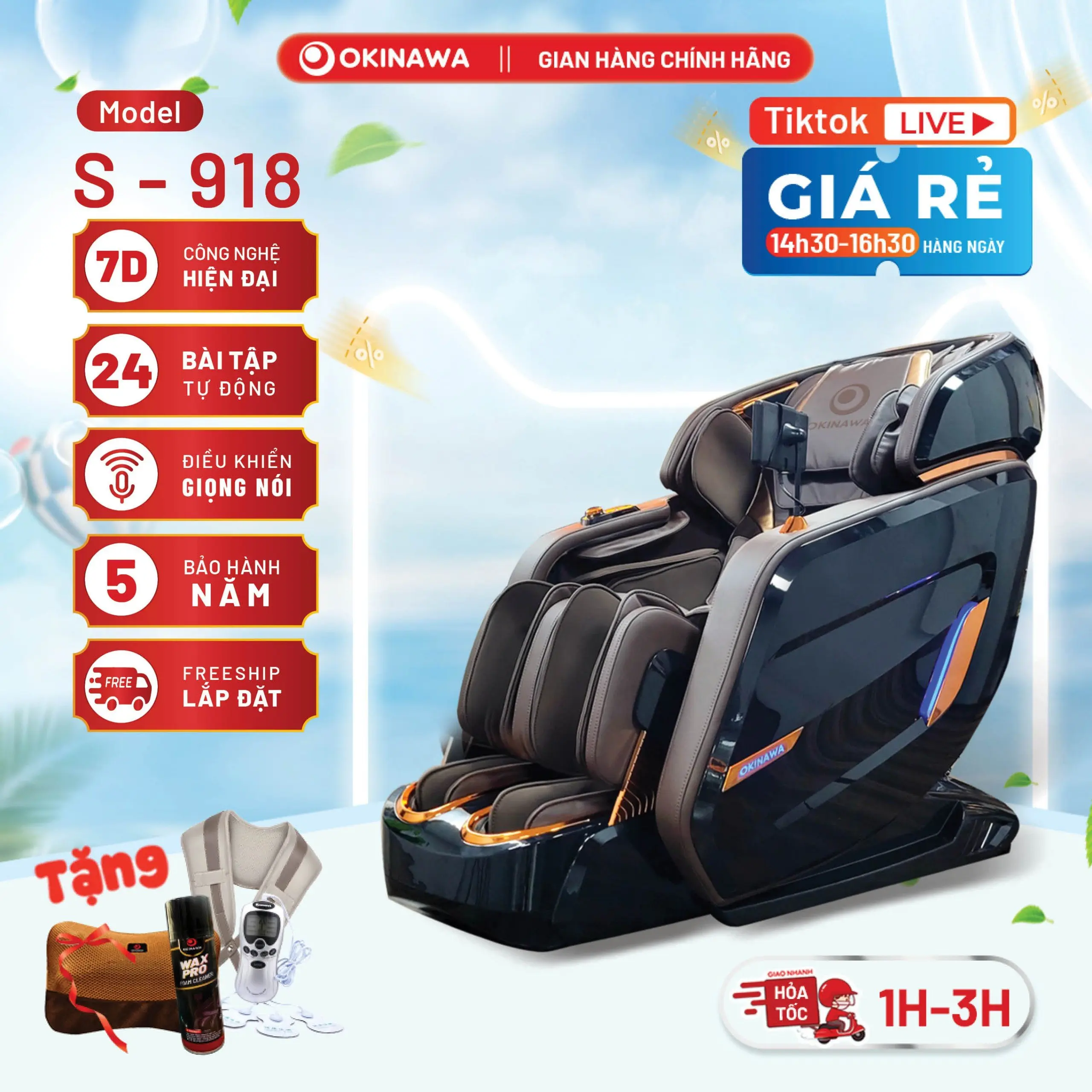 [ CHÍNH HÃNG] Ghế massage toàn thân Okinawa S-918  công nghệ massage 7D chuyên sâu
