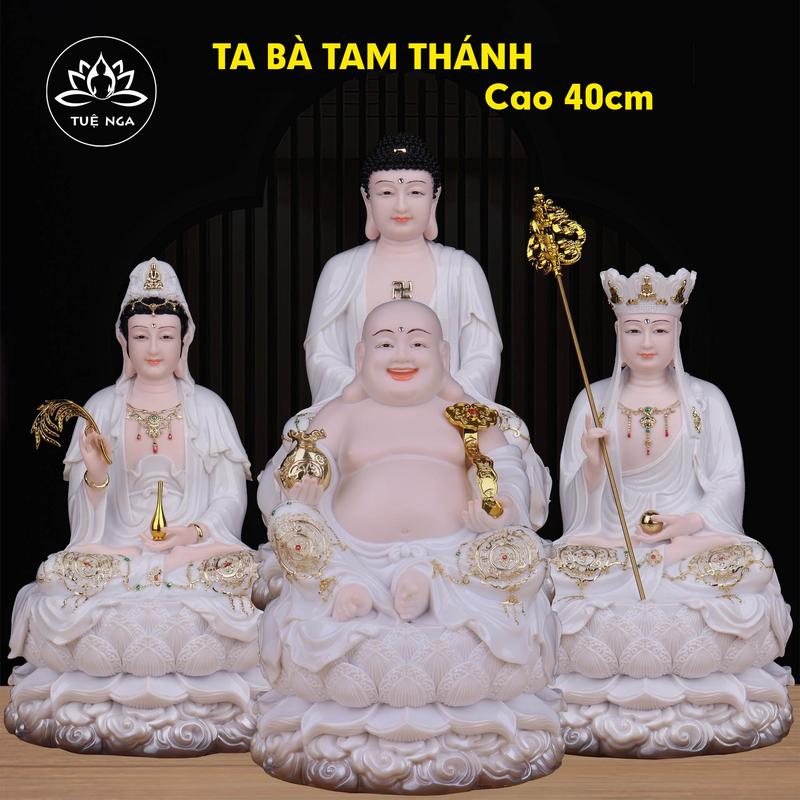 Bộ Tượng Tam Thánh Thích Ca Địa Tạng Quan Âm sơn Trắng cao 40cm - Tuệ Nga