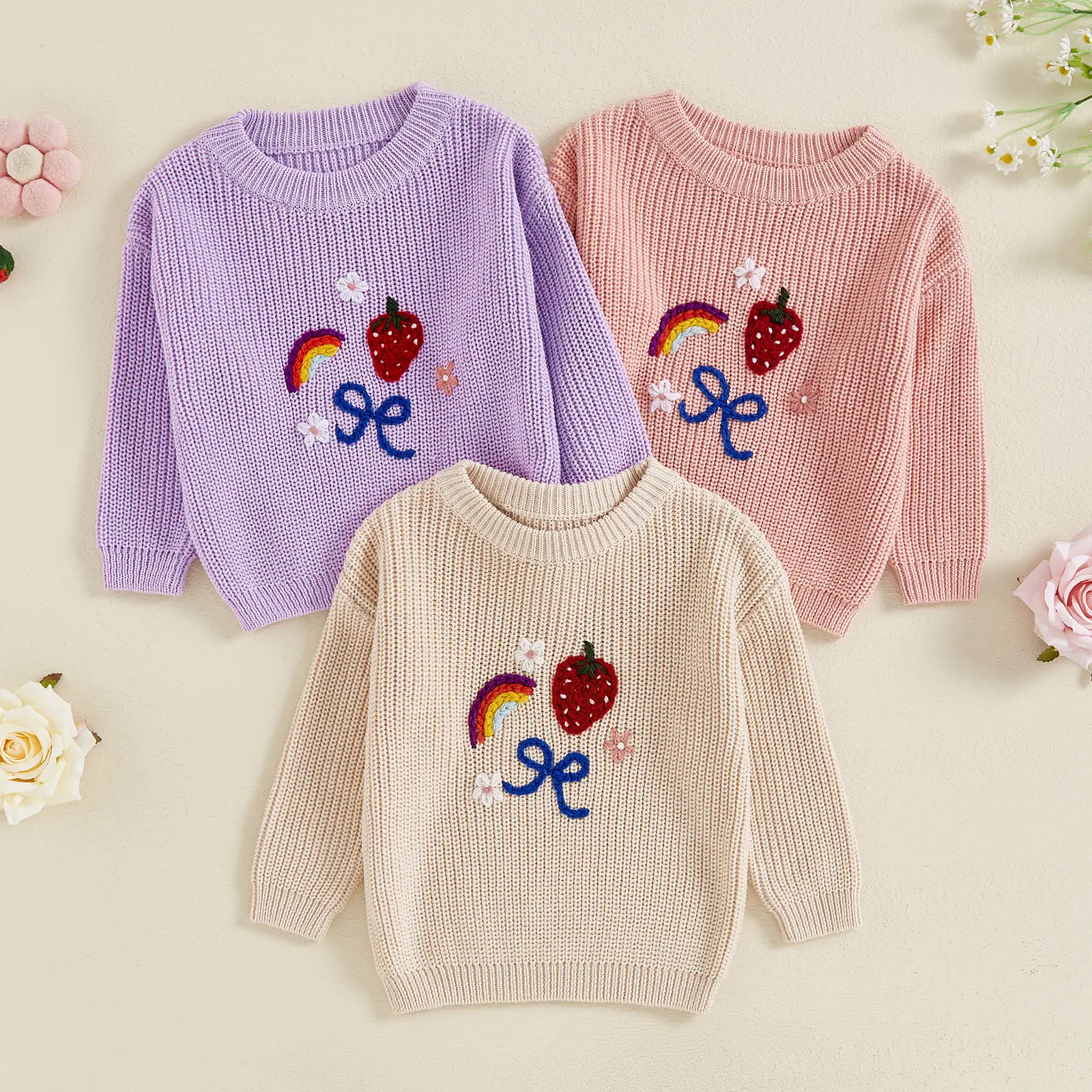 Girls Autumn Winter Knit Sweater Long Sleeve Rainbow Floral Bow Strawberry Embroidery Pullover Knitwear