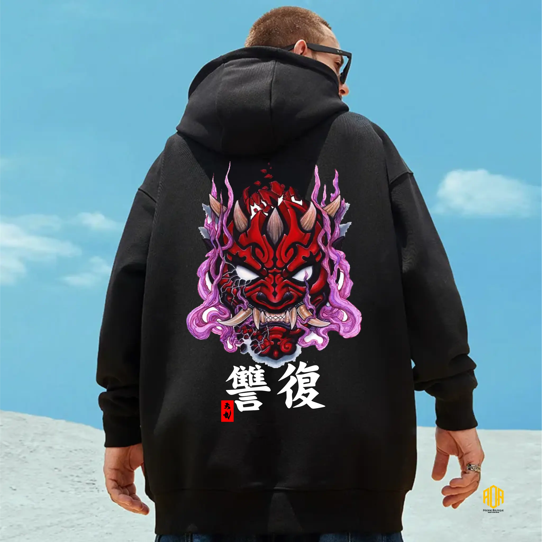 ÁO HOODIE UNISEX NAM NỮ ĐỀU MẶC ĐƯỢC samurai lửa hồng chữ tàu hot Menswear Tay Dài  Dài Tay Đen