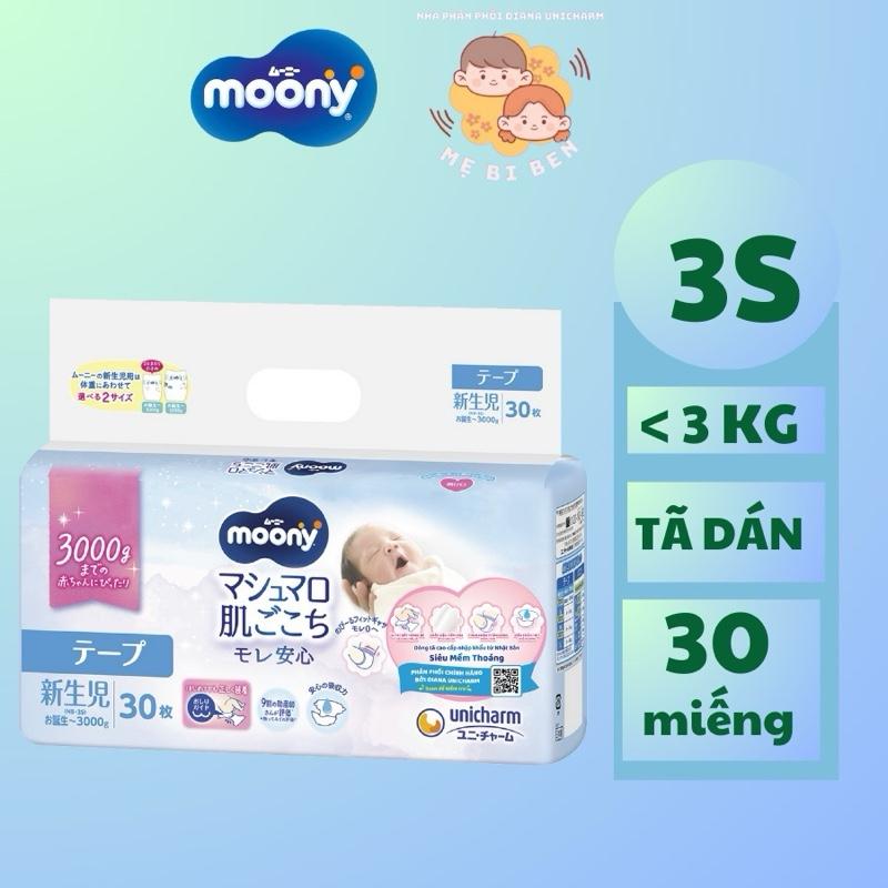 Tã dán cao cấp Moony 3S dành cho trẻ sơ sinh nhẹ cân dưới 3kg NB30 miếng