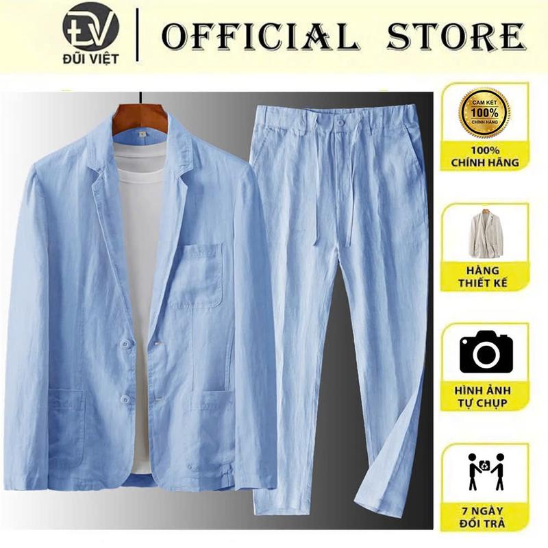 Quần Áo Nam Thu Đông Phong Cách Hàn Quốc, Bộ Đồ Nam Áo Blazer Tay Dài Phối Quần Suông Dài Chất Liệu Linen Cao Cấp, Mềm Mịn