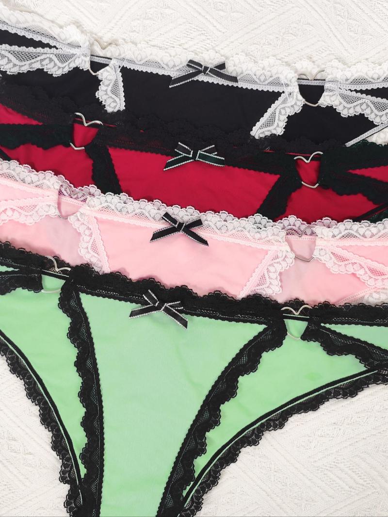 Product Introduction of Women's Colorblock Contrast Lace Bow Front Panty, Soft Comfy Breathable Heart Decor Thongs for Daily Wear, Ladies Underwear for All Seasons 16