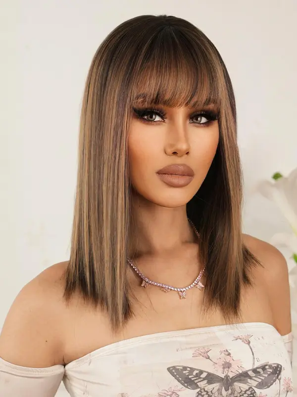 Women's 18 Inch Brown Short Straight Wigs With Bangs, Synthetic Wigs For Party, Daily Use 2