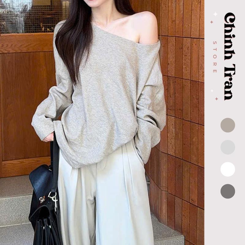 Áo Lệch Vai Tay Dài Nữ Chất Len Tăm Lông Dày Dặn Thu Đông