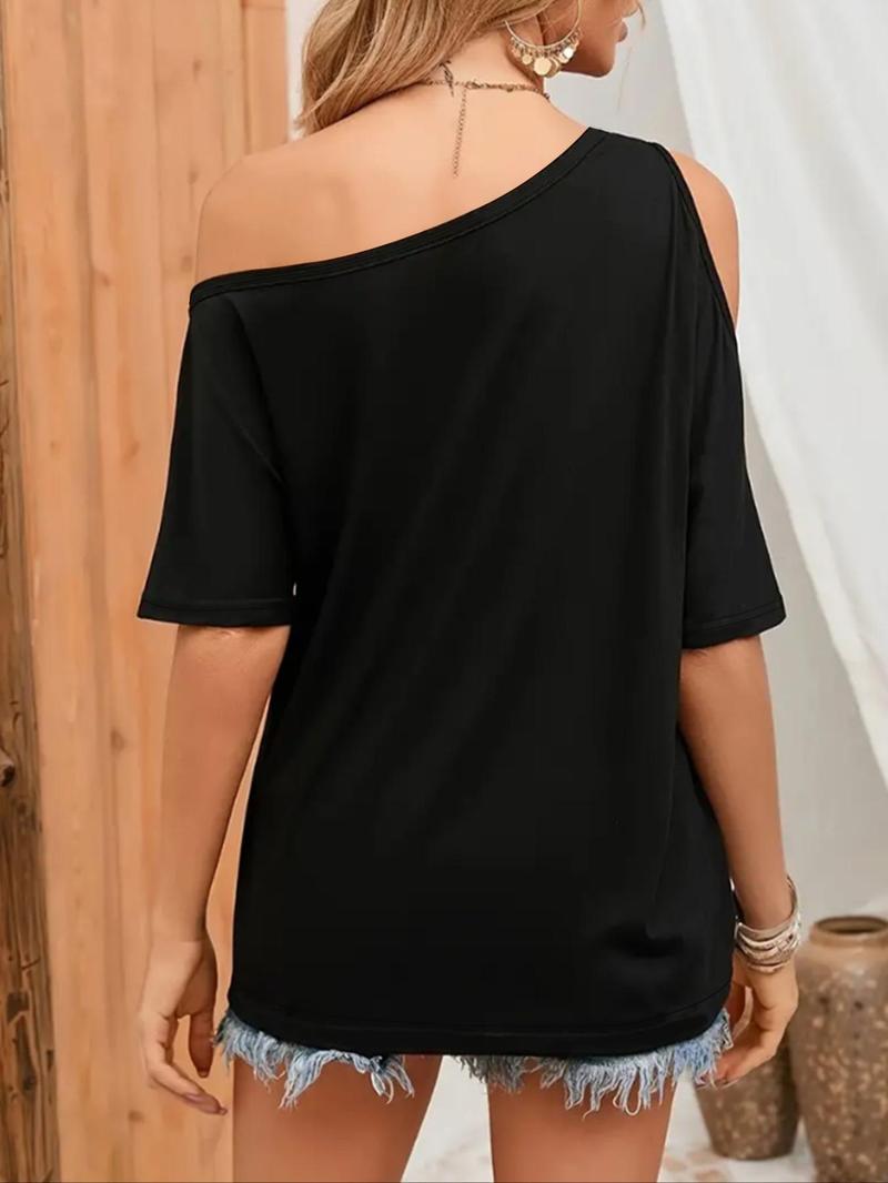 Product Introduction of Women's Heart Print Cut Out One Shoulder Half Sleeve Tee, Fashion Casual Batwing Sleeve Asymmetrical Neck T-Shirt for Summer, Ladies Clothes for Daily Wear 11