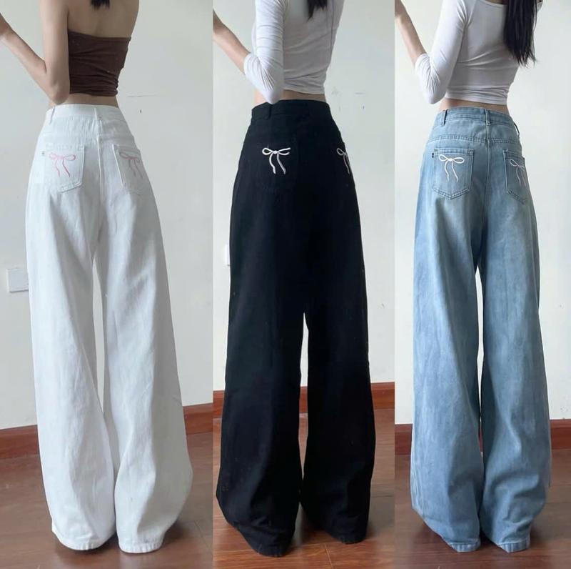 [S-XL] Quần Jean nữ Ống Suông Thêu Nơ Túi Sau, Cạp Cao, Cá Tính, đi học đi làm chuẩn form hack dáng trẻ trung cá tính MQ073