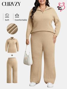 CURVZY Plus Size Two-Piece Set Solid Drop Shoulder Half Zip Collared Sweater & Wide Leg Pants, Casual Fashion Cozy Knitwear Set for Daily Outdoor Wear, Women Clothing for Fall & Winter