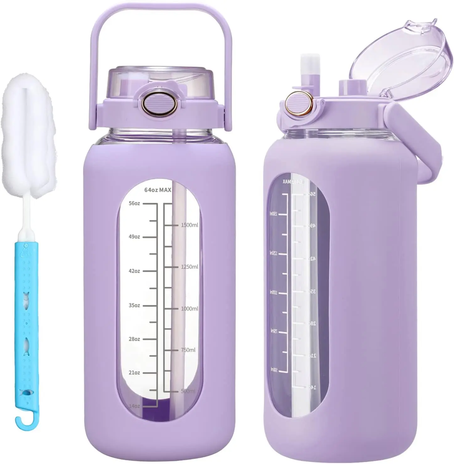 【WINSA】 64oz Glass Water Bolttles with Straw Half Gallon Large Motivational Water Bottle with Time Marker Sports Water Bottles with Silicone Sleeve and Handle Lid Water Jug for Gym Workout